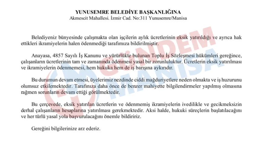 Yunusemre Belediyesi’nde İşçi Maaşlarıyla İlgili Resmi Uyarı Belgesi Ortaya Çıktı